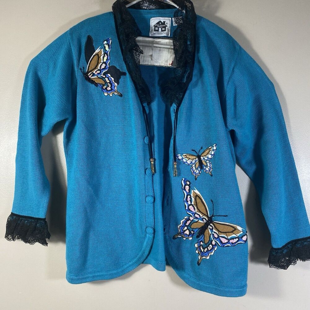 StoryBook Knits Butterflies Themed Cardigan Blue With Black Lace Size Large